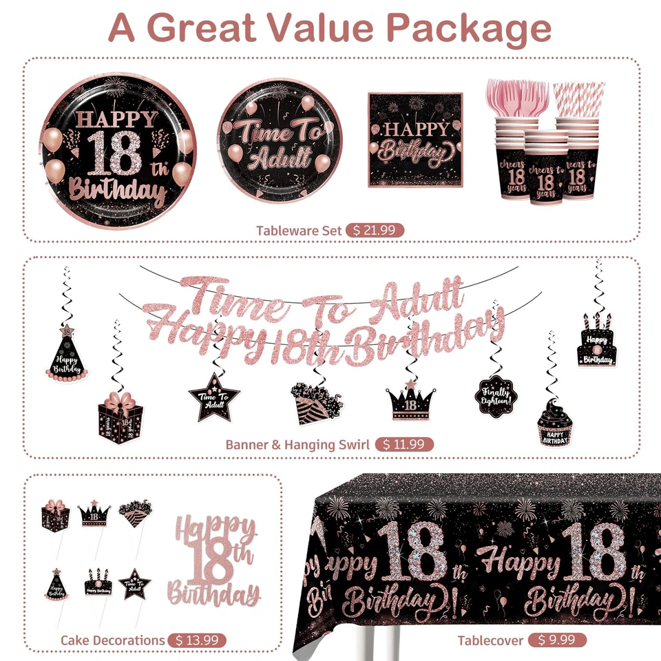 182 ШТ. 18-й день рождения украшения для девочек посуда комплект, розовое золото 18th юбка... - Изображение 3 из 4