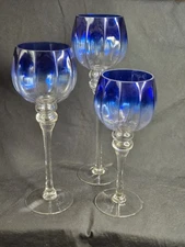 NICE! Set of 3 Tall Stem Ombre Gradient Blue Glass Hurricane Bowl Candle Holders