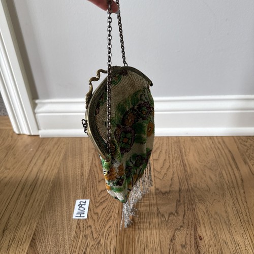 Antique Glass Iridescent Micro Beaded Floral Purse with Fringe & Heron Clasp - Picture 8 of 18