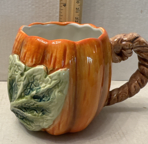 Juego de 2 tazas parche calabaza cerámica naranja Fitz Floyd OCI 1989 3,5" de alto vintage - Imagen 8 de 8