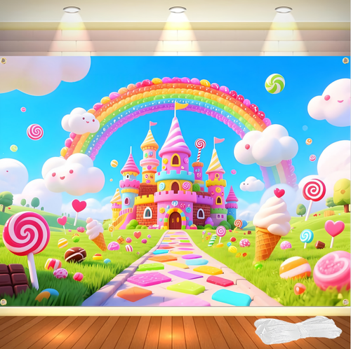 Castle Lollipop Donut Backdrop Candy Girl Birthday Party Photo Background Banner - Bild 21 von 32