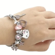 New Hello Kitty Pandora Inspired Charm Bracelet Silver Pink Charms Jewelry