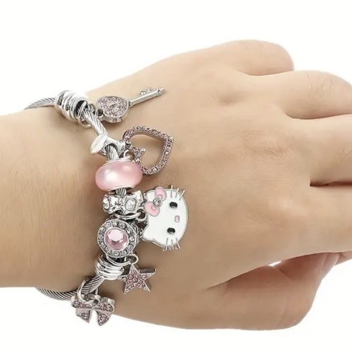 New Hello Kitty Pandora Inspired Charm Bracelet Silver Pink Charms Jewelry - Picture 1 of 9