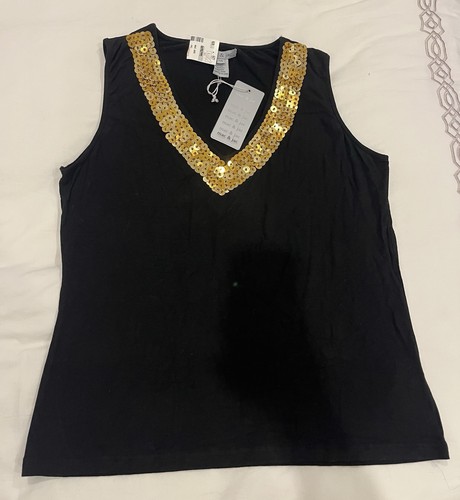 NWT Mac & Jac Women's Viscose Stretchy V Neck Tank Top Black Gold Sequins Sz L - Picture 1 of 4