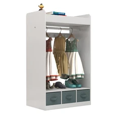 Kids Dress Up Closet Wardrobe Wood Storage Cabinet Organizer + Mirror