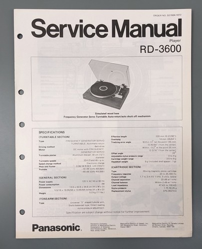 Panasonic RD-3600 Original Service Manual for Record Player