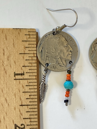 Vtg Authentic Buffalo Indian Head  Nickel Coin Earrings Feather Dangle & Beads - Picture 12 of 13