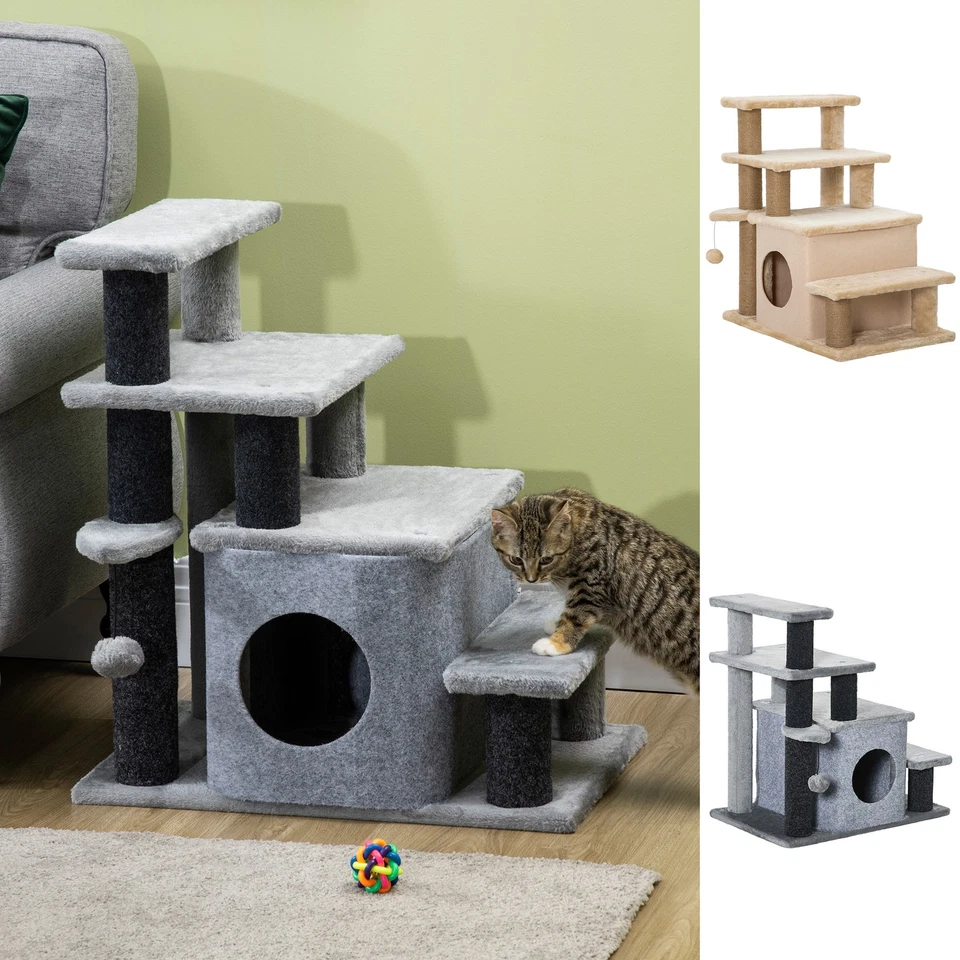 PAWHUT Verstellbare Katzentreppe für Bett, Katzenhaus für Sofa mit Hängeball