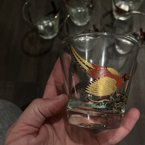 Hazel Atlas Vintage Pheasant Bar Glasses Gold Painted Set of 7 MCM Hunting 3” - Picture 11 of 24