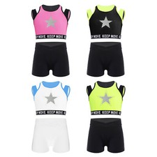 Kids Girls Sportswear Jazz Crop Tops With Shorts Backless Dancewear Sleeveless