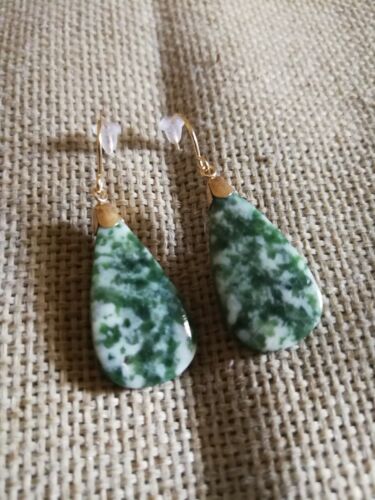 Natural Untreated nephrite jade pear drop dangle solid 9ct gold earrings 20cts