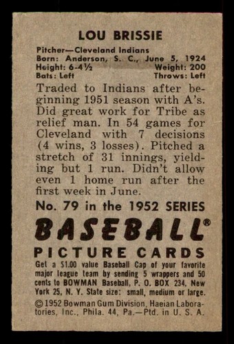1952 Bowman Baseball #79 Lou Brissie EX *d2 - Picture 2 of 2