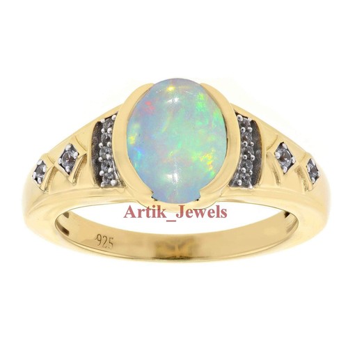 Natural Opal & CZ Gemstone With 14K Gold Plated Silver Ring for Men's #745 - Picture 5 of 11