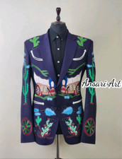 Men purple 2Pc customized western suit vintage floral embroidered prom party