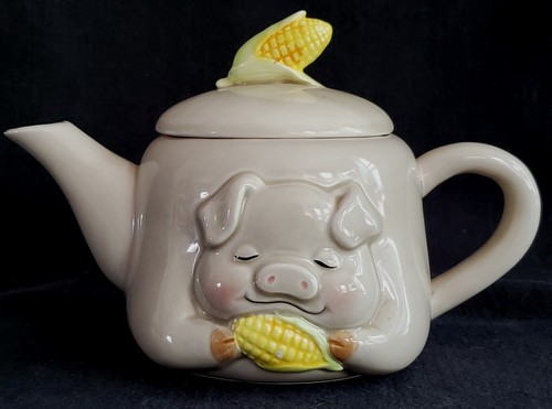 Vintage Lefton Pig Piggy Eating Corn on Cobb Tea Pot Teapot Ceramic MCM 5" - Picture 1 of 14