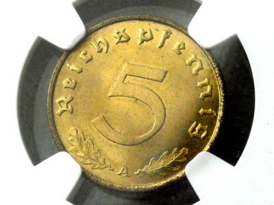 NGC MS-64 NAZI GERMAN SWASTIKA 1938-A 5 ReichsPfennig COIN