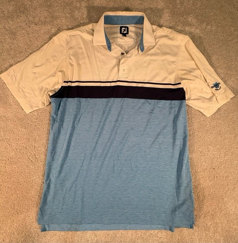 FootJoy FJ Men Large White Blue Color Block Polo Performance Golf Stretch *logo