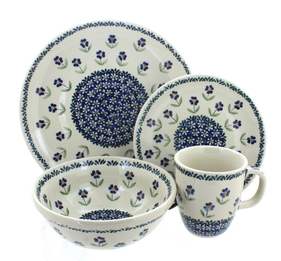 bluee pink Polish Pottery bluee Daisy 16 Piece Dinner Set bluee pink Polish Pottery bluee Daisy 16 Piece Dinner Set
