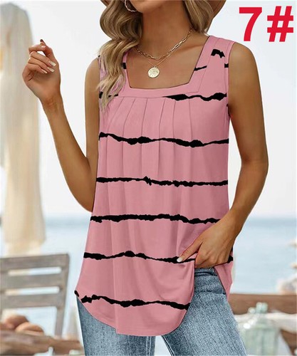 Womens PRINT Sleeveless Blouse Summer Loose Tank Vest Tee Shirts Pleated Tops UK - Picture 14 of 19