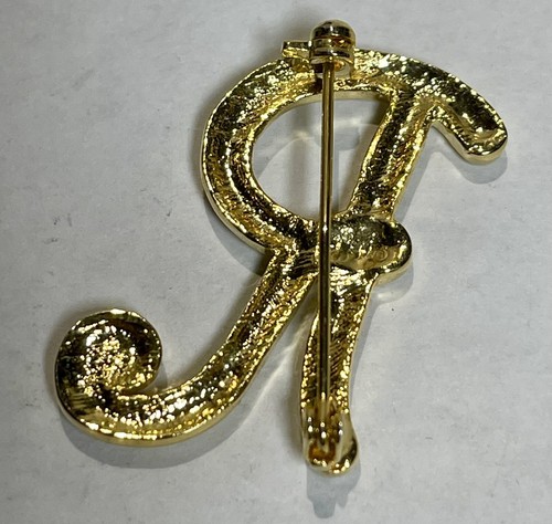 Initial R Gold Tone Brooch Pin Clear Rhinestone Measures 1.3 In - Picture 9 of 9