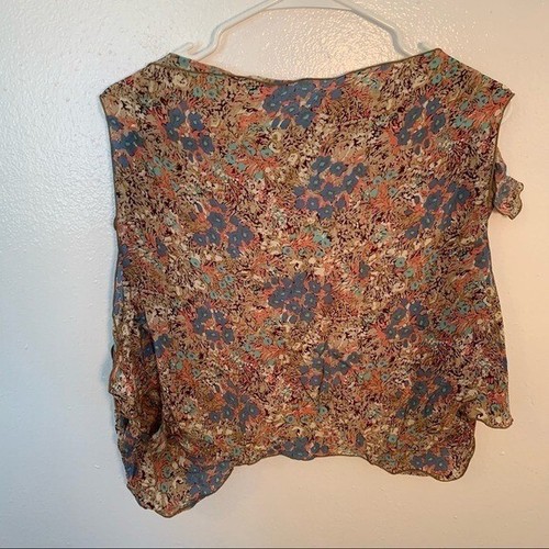 Women’s Sleeveless Open Blouse Tie Strap Ruffle Tan Blue Pink Teal Floral - Picture 7 of 8