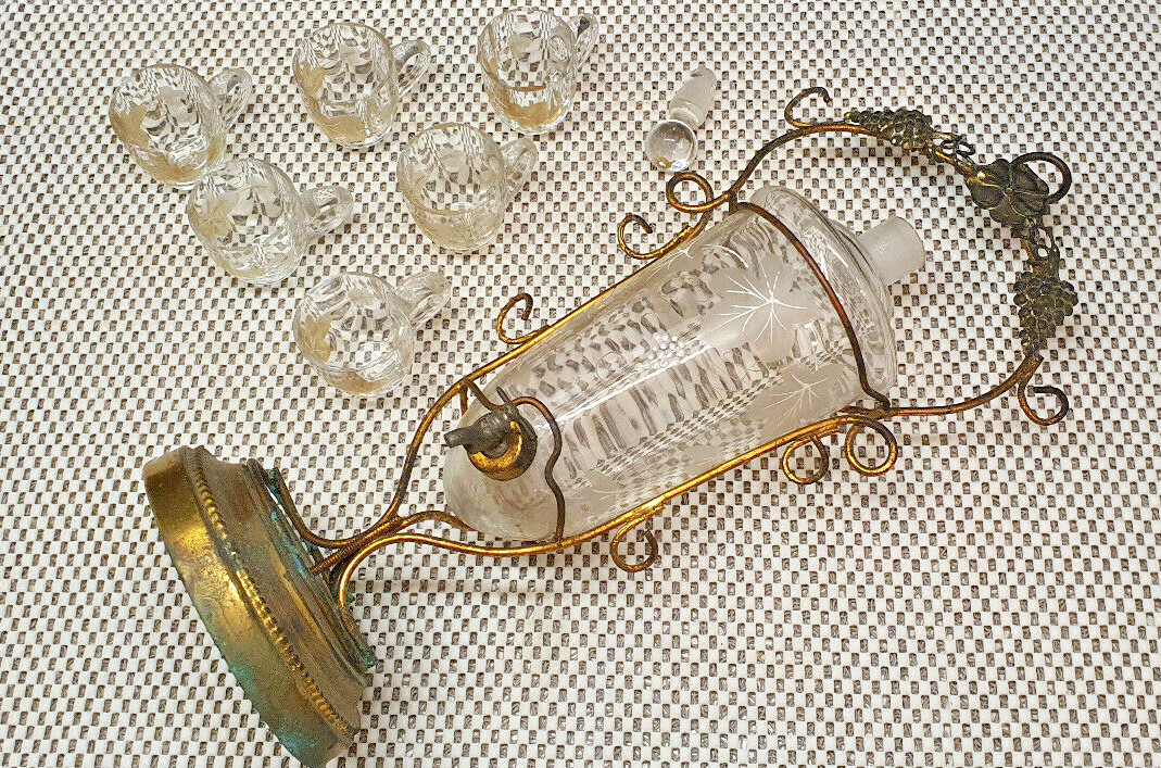 ANCIEN SERVICE FONTAINE à Liqueur Verre Émaillé Grappe Raisin Bronze 6