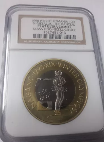 Rare 1998 Romania Bi-Metal 100 Lei Patt.Piedfort Olympic Figure Skating NGC PF67