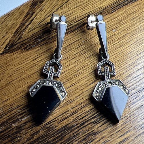 Vintage Sterling Silver Art Deco Onyx Marcasite Earrings - Picture 6 of 10