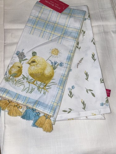 Isaac Mizrahi set of 2 CHICKS Kitchen Towels yellow blue leaves floral  NWT - Picture 9 of 9