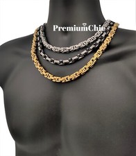 Mens Byzantine Box Necklace Solid Stainless Steel Chain Silver/Black/Gold Plated