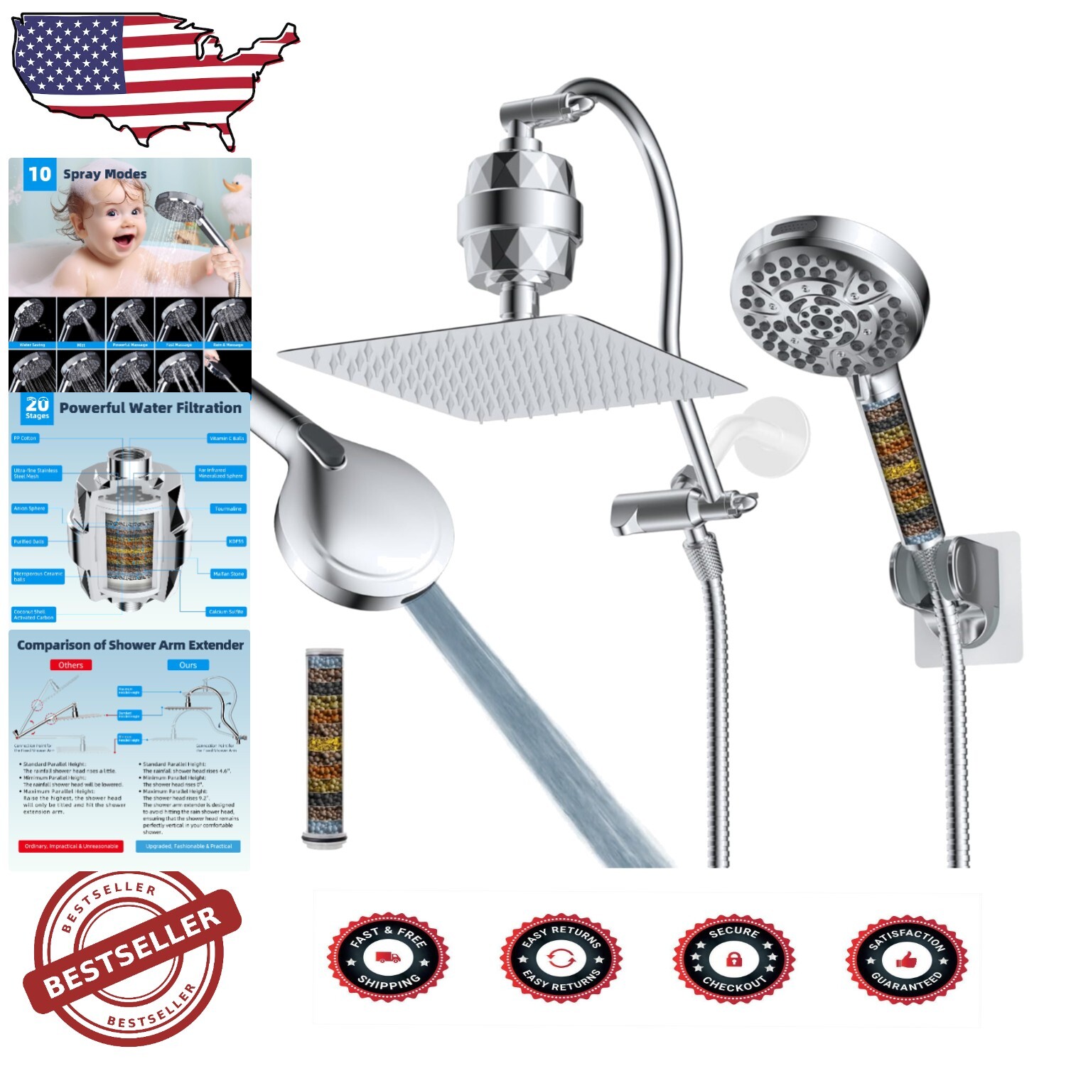 10-Inch Chrome Rainfall Shower with High-Pressure Handheld and 20-Stage Filter