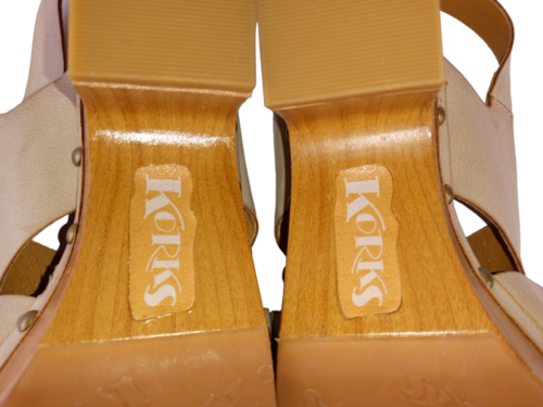 Korks Women Clogs Sandals Beige Leather Slingback Round Toe Studded Block Heel 8 - Picture 10 of 12