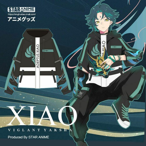 Anime Genshin Impact Xiao Hoodie Zip Up Jacket Swaetshirt Trousers Costume Coat