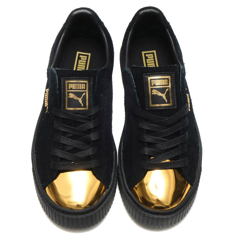 Puma suede platform trainers black gold satin outlet
