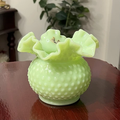 Fenton Mint Green Ruffled Rose Bowl Hobnail Vase Uranium Glass GLOWS 1950s EUC
