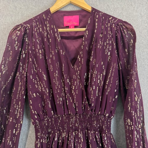 Lilly Pulitzer Cristiana Silk Long Sleeve Dress Purple Gold Dot Womens Size 6 - Picture 2 of 17