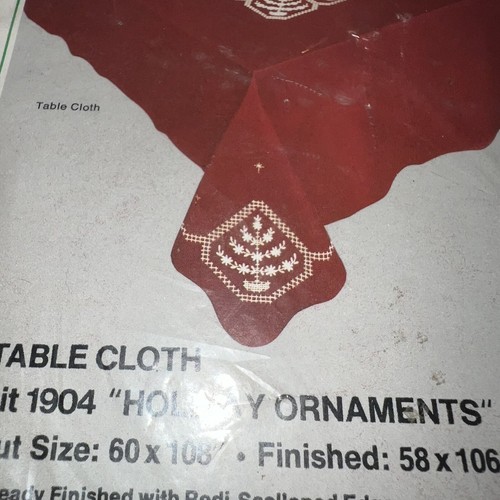 VTG Bucilla Christmas Holiday Ornaments Tablecloth Cross Stitch Kit 58 x 106 Red - Picture 3 of 7