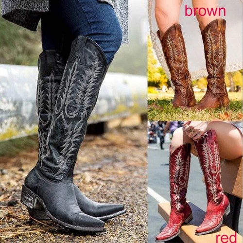 Women Knee High Boots Mid Med Heels Round Toe Ethic Shoes Woman Chaussure