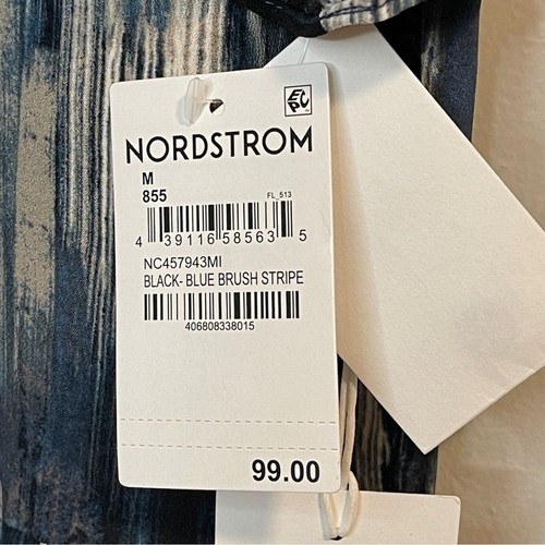 Nordstrom SHORT SLEEVE PLEAT SHIFT DRESS IN BLACK- BLUE BRUSH STRIPE M - Picture 9 of 9