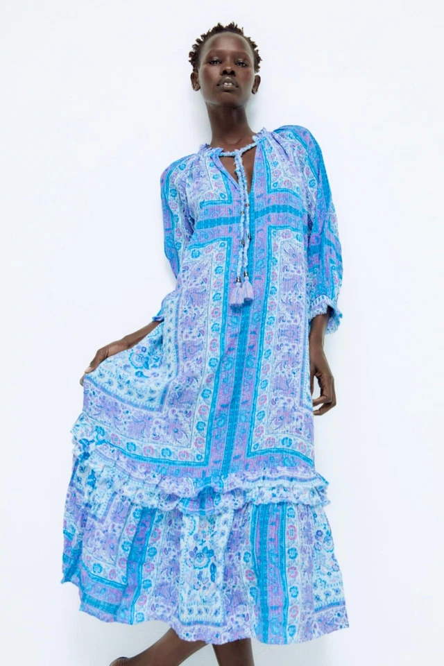 ZARA Dress Small Blue & Purple Cotton Serena Tiered Tassel Printed Midaxi - Image 3 of 4