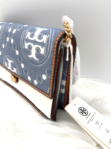 NUEVO CON ETIQUETAS AUTÉNTICO Tory Burch T Monograma Denim Cadena Cartera Bandolera Bolso Denim - Imagen 9 de 17
