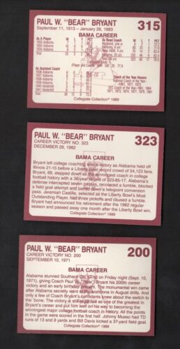 1989 ALABAMA'S FINEST FOOTBALL 3 CARD LOT, PAUL W. BRYANT COACH "ROLL TIDE" - Bild 2 von 2