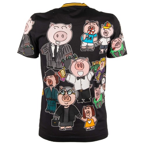 DOLCE & GABBANA Pigs Printed Cotton T-Shirt with Logo Sticker Black 11068 - Picture 2 of 5