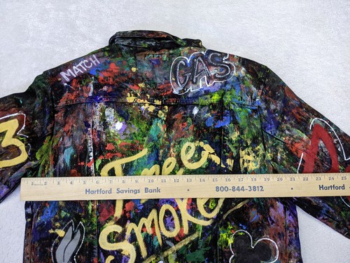 Acrylic Graffiti Splatter Mens M Black Jean Jacket Vtg 90s Hip Hop Smoke Free - Picture 9 of 10