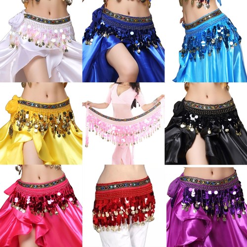 Belly Dance Costume Bra Top+Belt Hip Scarf+Satin Split Skirt Halloween Outfit - Picture 43 of 52