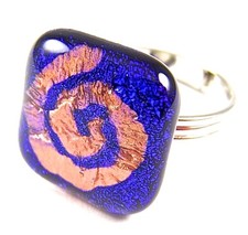 DICHROIC Glass Cocktail Ring Adjustable Royal Blue Copper Spiral Coil 3/4" 20mm