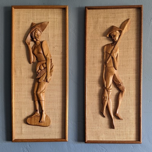 Vintage Mid Century Teak and Burlap Wall Hangings of Farmer Woman and Fisherman, - Picture 1 of 8
