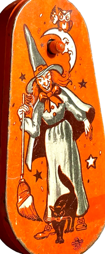 Vintage Halloween Blech Krachmacher Hexe Besen Katze Mond Eule USA Metall Spielzeug MFG Co. - Bild 4 von 6