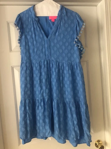 Lilly Pulitzer Blue DRESS V-Neck Pom Pom Trim Sz 16 Rare Style EUC SUPER CUTE