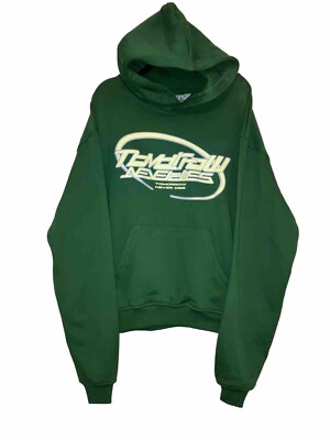 Tomorrow Never Dies Reconstructed Logo Hoodie Green 36 Oz French Terry Sz L USA
